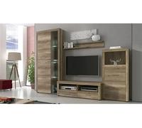 Ensemble de salon meuble TV + etagere murale + vitrine haute avec LED + buffet coloris chene chene vieilli - PEGANE - Bois