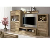 Ensemble de salon meuble TV + etagere murale + vitrine haute + buffet coloris chene chene vieilli - -