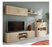 Ensemble de salon, meuble TV + meuble haut + étagère + buffet coloris chêne cambrian, effet textile