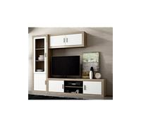 Ensemble de salon, meuble TV + meuble haut + vitrine coloris chene cambrian, blanc --