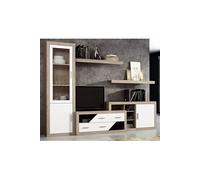 Ensemble de salon, meuble TV + set de 2 etageres murales + meuble bas + vitrine coloris chene cambrian,blanc --