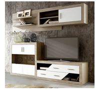 Ensemble de salon, meuble TV + set de 2 étagères murales + meuble haut + buffet coloris chêne cambrian, blanc