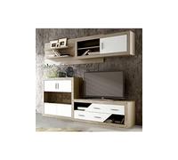 Ensemble de salon, meuble TV + set de 2 etageres murales + meuble haut + buffet coloris chene cambrian, blanc --