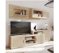 Ensemble de salon, meuble TV + set de 2 etageres murales + meuble haut + meuble bas coloris chene cambrian/effet textile --