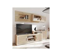 Ensemble de salon, meuble TV + set de 2 etageres murales + meuble haut + meuble bas coloris chene cambrian/effet textile --