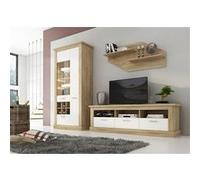 Ensemble de salon meuble TV + set de 2 etageres murales + vitrine avec LED coloris chene cambrian, blanc -PEGANE- Blanc