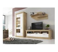 Ensemble de Salon Meuble TV + Set de 2 étagères murales + vitrine avec LED Coloris chêne Cambrian, Blanc