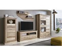 Ensemble de salon meuble TV + set des 2 etageres + buffet + vitrine basse coloris chene vieilli --