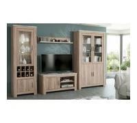 Ensemble de salon meuble TV, vitrine avec LED, buffet, etagere murale coloris chene truffe, blanc vieilli -PEGANE- Blanc