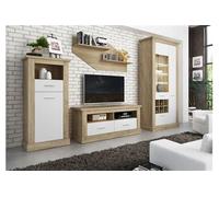 Ensemble de salon meuble TV + vitrine avec LED + Etagere murale + buffet coloris chene cambrian, blanc -PEGANE- Blanc
