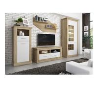 Ensemble de salon meuble TV + vitrine avec LED + Etagère murale + buffet coloris chêne cambrian, blanc