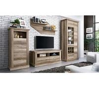 Ensemble de salon meuble TV + vitrine avec LED + Etagere murale + buffet coloris chene vieilli --