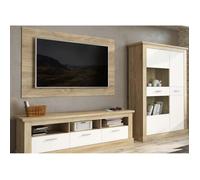 Ensemble de salon meuble TV + vitrine basse + panneau TV coloris chêne cambrian, blanc