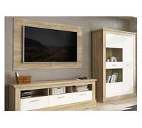 Ensemble de salon meuble TV + vitrine basse + panneau TV coloris chene cambrian, blanc --