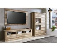Ensemble de salon meuble TV + vitrine basse + panneau TV coloris chene vieilli -PEGANE- Bois