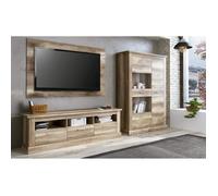 Ensemble de salon meuble TV + vitrine basse + panneau TV coloris chêne vieilli