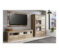 Ensemble de salon meuble TV + vitrine basse + panneau TV coloris chene vieilli -PEGANE- Bois
