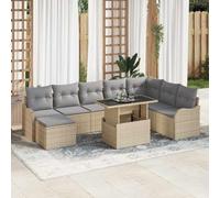 Ensemble de salon modulaire avec coussins de 9 pièces, canapé beige avec accoudoirs de jardin en polyrotin, coin, quatre fauteuils, pouf et table avec plateau en verre