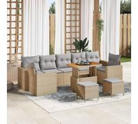 Ensemble de salon modulaire en polyrotin beige 10 pièces, quatre canapés avec accoudoirs, trois sièges centraux, deux tabourets et une table, cadre en acier, bois d'acacia massif, pour terrasse