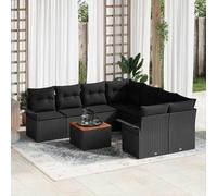 Ensemble de salon modulaire en rotin synthétique noir 9 pièces, canapé d'angle de jardin avec coussin, quatre sièges centraux, deux coins et table, acier revêtu par poudre, bois massif