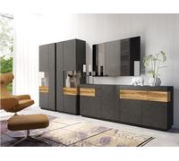 Ensemble de salon Vitrine et buffet de la collection KILES. Couleur gris anthracite et chêne.