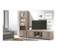Ensemble de salon vitrine, meuble TV 2 portes coloris chene truffe, blanc vieilli -PEGANE- Blanc