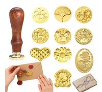Ensemble de Sceau à Cire Multifonction, 11 pièces, avec 10 têtes en métal et Un Manche en Bois, idéal pour Invitations de Mariage, Lettres et projets créatifs