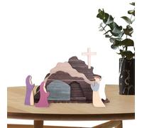 Ensemble de scène de résurrection de Pâques, 7 figurines de Pâques en bois, grand présentoir peint à la main avec tombe vide, plate-forme de décoration de table au design compact, support en en