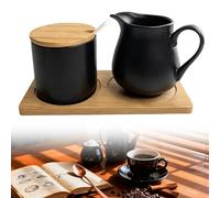 Ensemble De Service À Sucre Et Crème, Set De Lait Et De Sucre avec Couvercle Et Cuillère, Pot À Lait Noir en Céramique Et Sucrier, Compatible Micro Ondes Et Lave Vaisselle pour Maison Restaurant,Noir