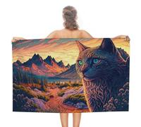 Ensemble de serviettes de bain avec motif chat fantaisiste dans un paysage fantastique. Serviette de plage légère, douce et absorbante pour la piscine, le camping et la plage (130 cm x 80 cm).