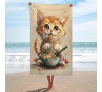 Ensemble de serviettes de bain avec un adorable chat mangeant des ramen. Serviette de plage et de piscine résistante, séchage rapide, idéale pour la peau douce et la piscine (130 cm x 80 cm).