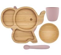 Ensemble de sevrage en bambou et silicone ~ Assiette à ventouse, bol en bambou + tasse et cuillère en silicone (rose)
