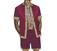 Ensemble de Shorts 2 pièces pour Hommes Chemise à Manches Courtes boutonnée imprimée de Luxe et Short à Cordon de Serrage Ensemble de survêtement décontracté de Plage