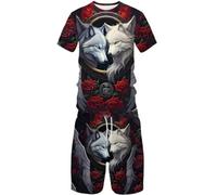 Ensemble de shorts d'été à manches courtes avec motif animal loup 3D pour homme et femme, 3, 6XL