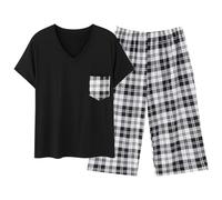 Ensemble de shorts en dentelle à manches courtes haut capri pantalon vêtements de nuit plus chemise de nuit imprimé léopard, Noir , XXL