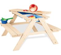 Pinolino Ensemble de Table et bancs 'Matsch-Nicki pour 4', Naturel; Massif : Bois de conifère, Non traité, 2 bancs avec 1 Table, 2 bacs en Plastique, pour Enfants à partir de 2 Ans