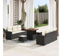 Ensemble De Sofa De Jardin 9 Pièces Avec Coussins Noir Poly Rattan Acacia, Ensemble De Salle À Manger De Jardin 3 Pièces Avec Coussins Noir Poly Rattan Acacia