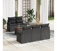 Ensemble de Sofa de Jardin à 6 Pièces avec Coussins Noir Poly Rattan Acacia, Sofa de Jardin 2 Places avec Rangement et Coussins Noir Poly Rattan