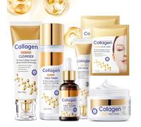 Ensemble de soins de la peau au collagène anti-âge pour les rides et ridules, pores rétrécis, hydrate et raffermit la peau, 7 kits de soins de la peau pour femme avec nettoyant, tonique, sérum, crème