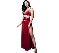 Ensemble de sous - vêtements en Dentelle pour Femmes, Soutien - Gorge en Dentelle et Ceinture avec Jupe Longue en Maille Transparente, Ensemble de 4 pièces avec Sangle de Cou et String - Rouge - 100D