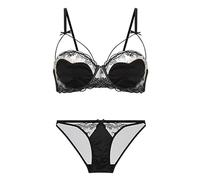 Ensemble de sous-vêtements en dentelle, soutien-gorge push-up et culotte pour femme, soutien-gorge à demi-coque française avec armatures, vêtements de nuit confortables, tenues d'été sexy, Noir , 38