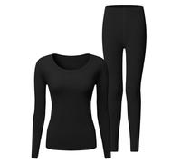 Ensemble de sous-vêtements thermiques en laine mérinos pour femme - Sous-vêtements thermiques fonctionnels pour le ski, la randonnée, le jogging et la vie quotidienne - Col rond - Couleur unie - 2