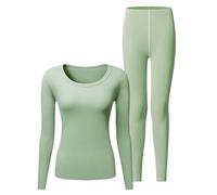 Ensemble de sous-vêtements thermiques en laine mérinos pour femme - Sous-vêtements thermiques fonctionnels pour le ski, la randonnée, le jogging et la vie quotidienne - Col rond - Couleur unie - 2