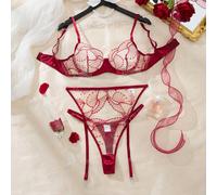 Ensemble de soutien-gorge en tulle à fleurs rouges romantiques brodées et porte-jarretelles, convient pour la lune de miel des nouveaux mariés et la lingerie de mariée L,M,S,XLUnicoloreBroderie,Polyes