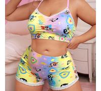 Ensemble de soutien-gorge et culotte boxeuse avec impression de lettres de dessin animé mignon, couleur dégradée et garniture en dentelle froissée pour femmes grande taille 0XL,1XL,2XL,3XL,4XLCartoon,