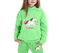 Ensemble de Sport Fille 2 Pièces Survêtement Sweat à Capuche avec Pantalon De Sport Tenue de Running avec Imprimé Chevaux Dessin Animé Style Ranch Jogging Ensemble pour Fille et (Green, 12-13 Years)
