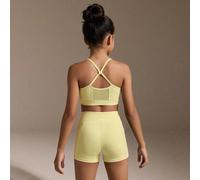 Ensemble de sport jaune pour filles préadolescentes, Top de sport avec design patchwork en maille + short de sport, tissu élastique serré et confortable avec extensibilité 4 directions, série Glowmode