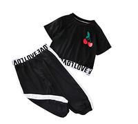 Ensemble de sport pour enfant fille - Manches courtes - Imprimé fruit - Lettre imprimée - T-shirt à manches courtes + pantalon long - Vêtements pour bébé fille - Tenue d'été douce, Noir , 120