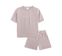 Ensemble de sport pour fille à manches courtes - Couleur unie - Combinaison de jogging pour enfant, beige, 6-7 ans