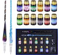 Ensemble de stylos en verre,2pcs Stylo plume calligraphie en verre avec 12 plume en verre d'encre colorée pour l'art,l'écriture,la